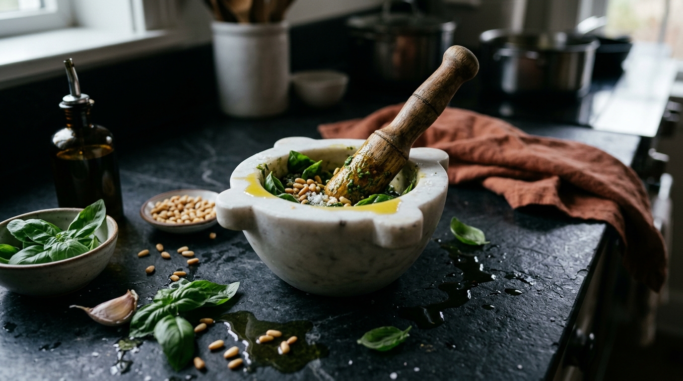 Ilustração sobre: Molho Pesto: O Segredo da Textura e Cor Revelado!